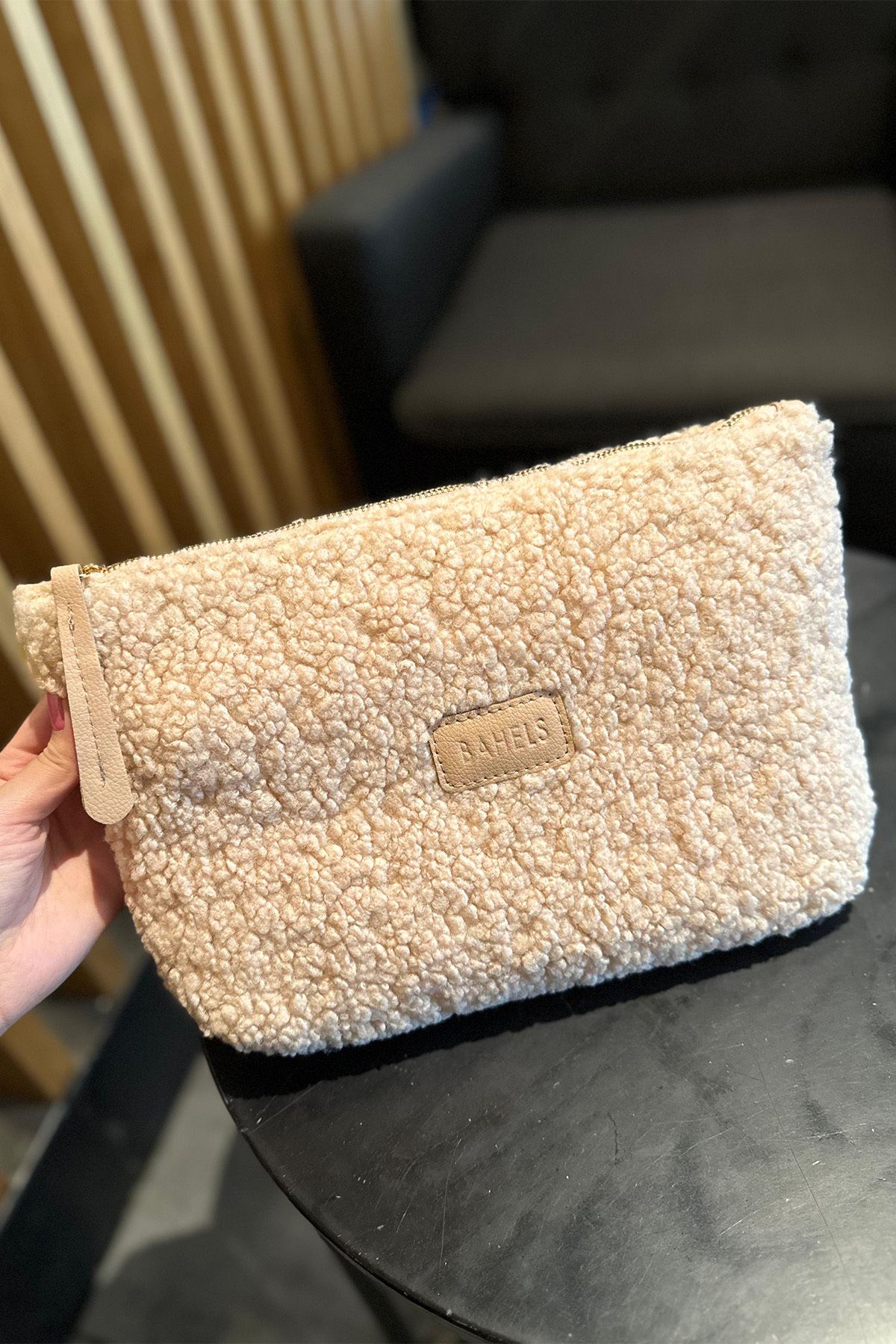 BAHELS Women s Beige Plush Teddy Clutch Portfolio Bag Trendyol