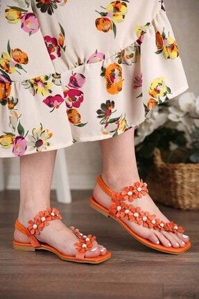 Kadın Oranj Baş Parmak Arası İnci Çiçekli Sandalet Z34002500010