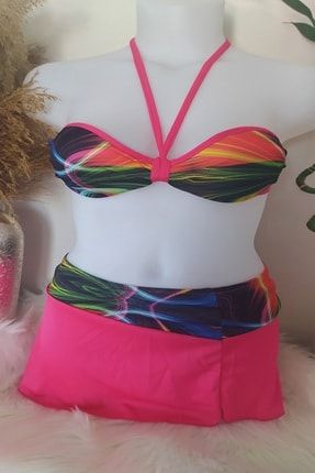 Pembe Desenli Renkli 3'lü Bikini Takım desenli bikini takım