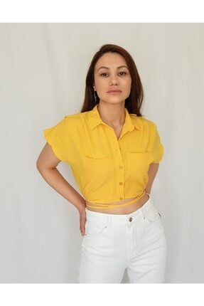 Kadın Sarı Bağlama Detay Crop Gömlek 09