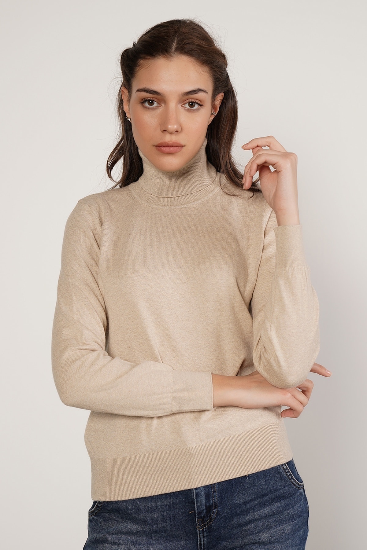 Trist Star  Kadın Bej %100 Organik Pamuk Balıkçı Yaka Triko Kazak Trıst-6103 - Görsel 4