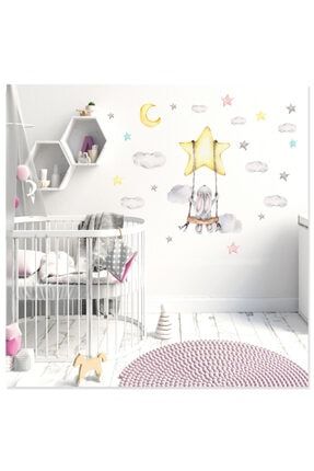 Salıncakta Sallanan Sevimli Tavşan Bulut Ve Yıldızlar Çocuk Odası Duvar Sticker arcodu000000101
