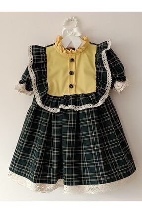 Kız Bebek Çocuk Yeşil Vintage Ekose Fistolu Elbise 413