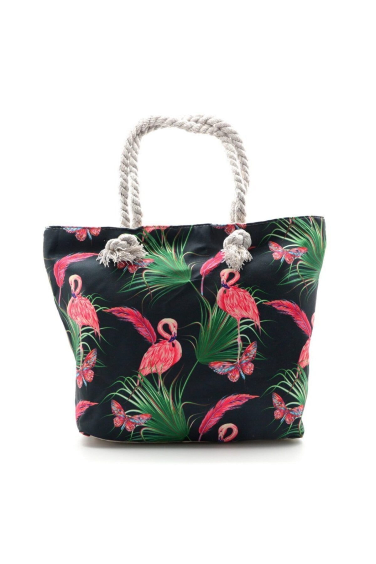 Women's Black Flamingo Printed Waterproof Beach Bag