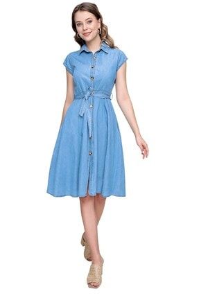 Kadın Açık Mavi Bel Kuşaklı Sıfır Kol Kot Elbise 21-1YB0270