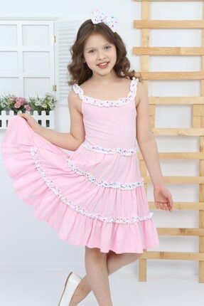 Kız Çocuk Pembe Fırfırlı Askılı Elbise ixos-14