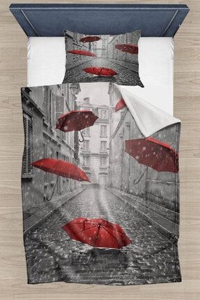 Else Gri Sokak Kırmızı Şemsiyeler Desenli Yatak Örtüsü Tek Kişilik Pike Takımı elsetekpiken61
