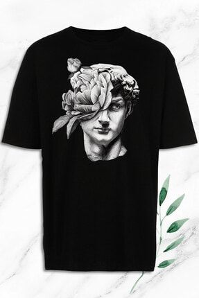 Unisex Siyah Oversize Mitoloji Davut Heykeli Baskılı T-shirt OVR 1