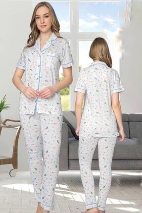 Kadın Beyaz Boydan Düğmeli Gömlek Yaka Kısa Kol Pamuk Yazlık Pijama Takımı ATnc184