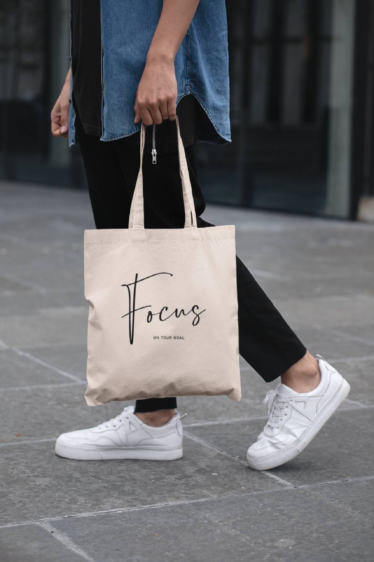 bibaskıyap-Ecru Slogan Printed Focus Cloth Bag 2
