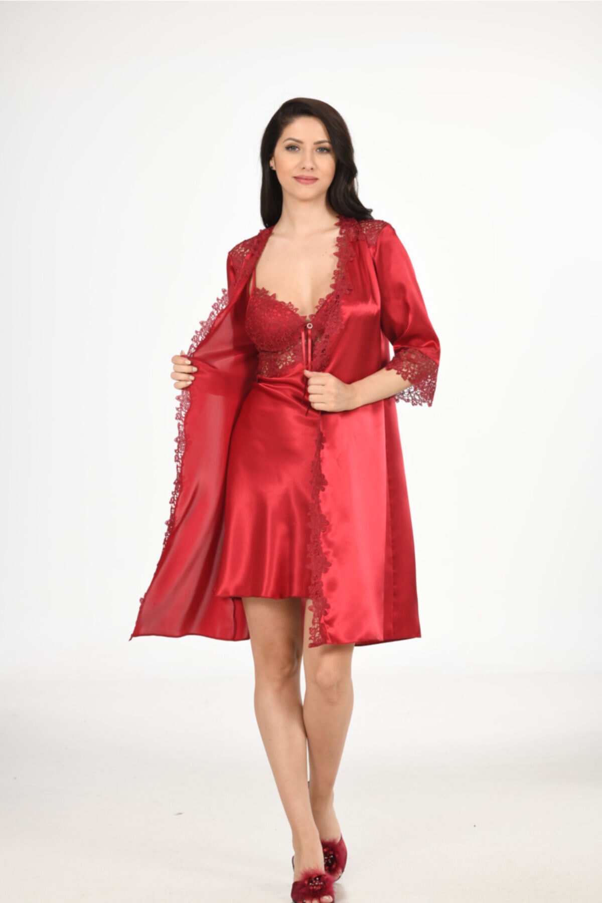 Marpessa Lingerie Elite Collection Ipek Saten Özel Fransız Gecelik Sabahlık Takımı