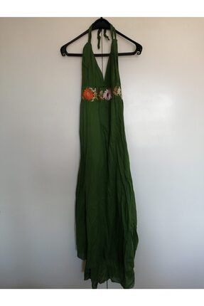Otantik Pamuk Yeşil Çiçek Nakışlı Boyundan Bağlama Uzun Elbise 5571221