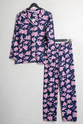 Kadın Pamuklu Lacivert Çiçekli Düğmeli Pijama Takımı 5122