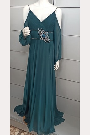 Kadın Zümrüt Yeşili Abiye Elbise F9875
