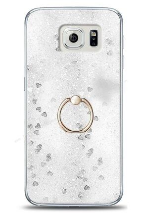 Samsung Galaxy S7 Edge Kılıf Sulu Simli Yüzüklü Standlı Silikon Şeffaf Kılıf Gümüş Sulu Simli Galaxy S7 Edge
