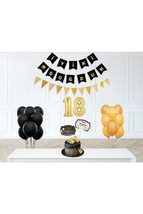 18 Yaş Iyi Ki Doğdun Siyah Gold Banner Balonlu Set 18YİKDSGBS