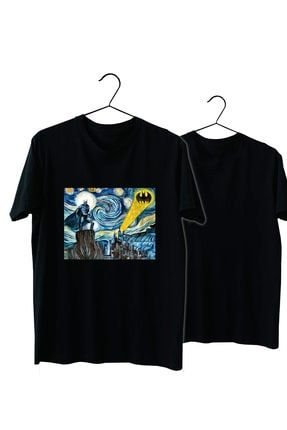 Erkek Siyah Batman Yıldızlı Gece Normal Kalıp Pamuklu T-Shirt vectorwear1037210034