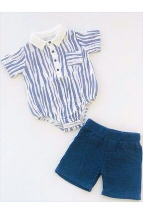 Baby Boss Lacivert Zebra Desenli Gömlek Yakalı Alttan Çıtçıtlı Takım BB-004050