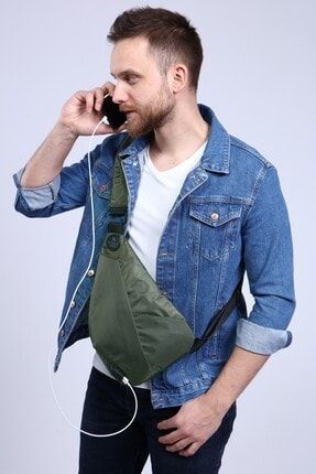 Unisex Haki Smart Bag Usbli Slim Çapraz Göğüs Çantası 1507 MV2928