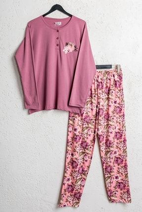 Kadın Pamuklu Gül Kurusu Düğmeli Uzun Kollu Pijama Takımı 5780