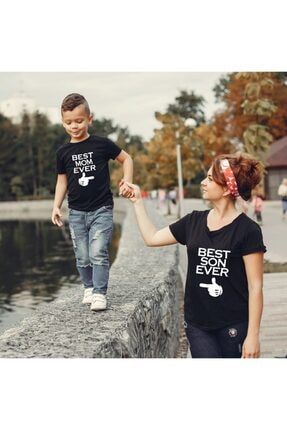 Anne Oğul Tişört Kombini Best Mom Son Ever Baskılı Pamuklu Siyah T-shirt Kombini HM10000002306