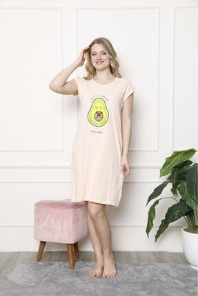 Kadın Somon Renkli Büyük Avocado Desenli Gecelik Elbise MK240-11