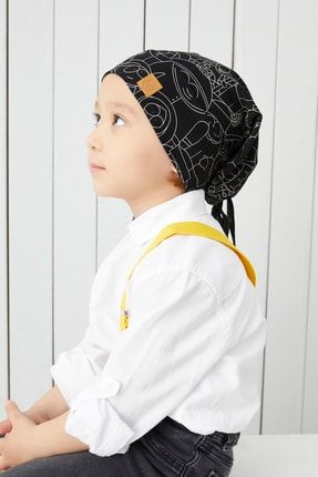 Erkek Çocuk Siyah Melanj Figürlü Ip Detaylı 4 Mevsim Şapka Bere Buff -yumuşak Doğal Penye BG850E04