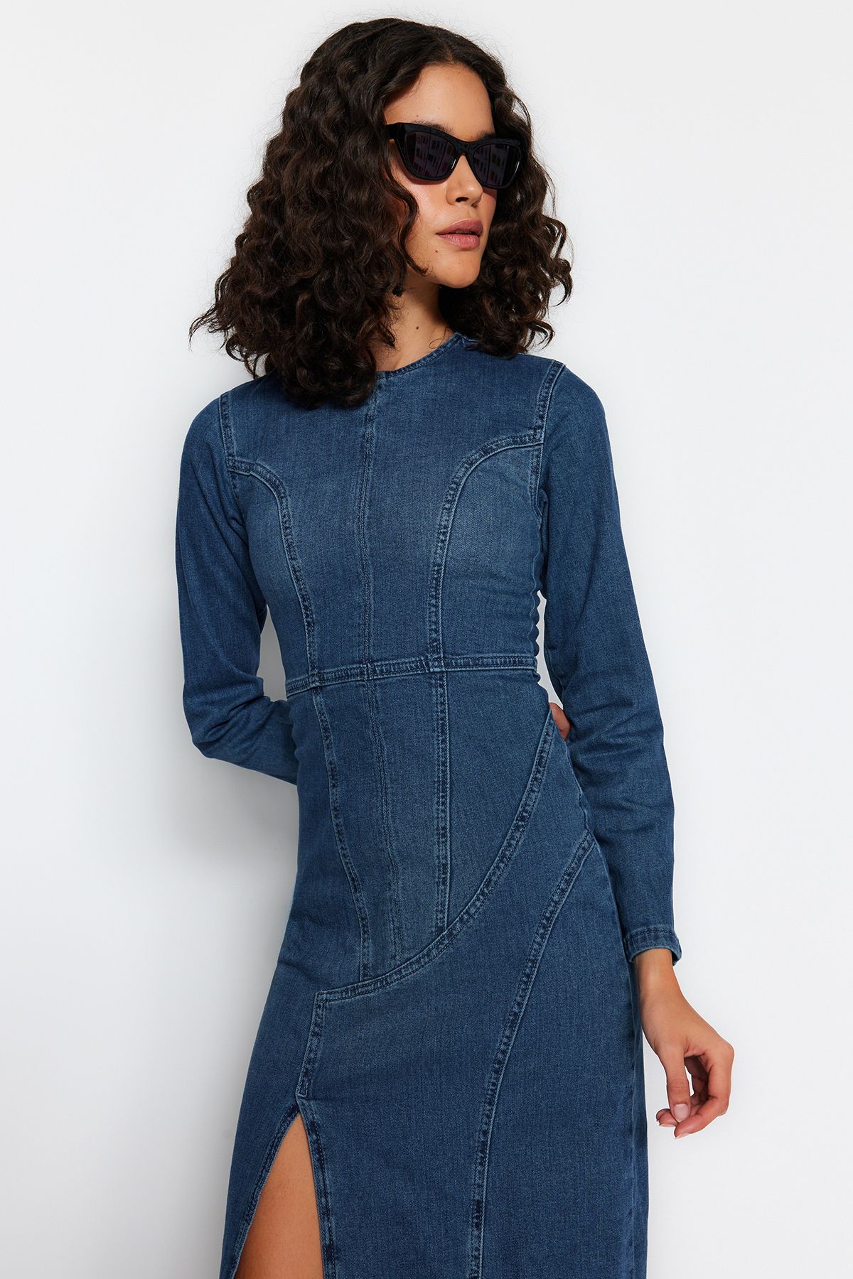 Denim midi hotsell dress with sleeves