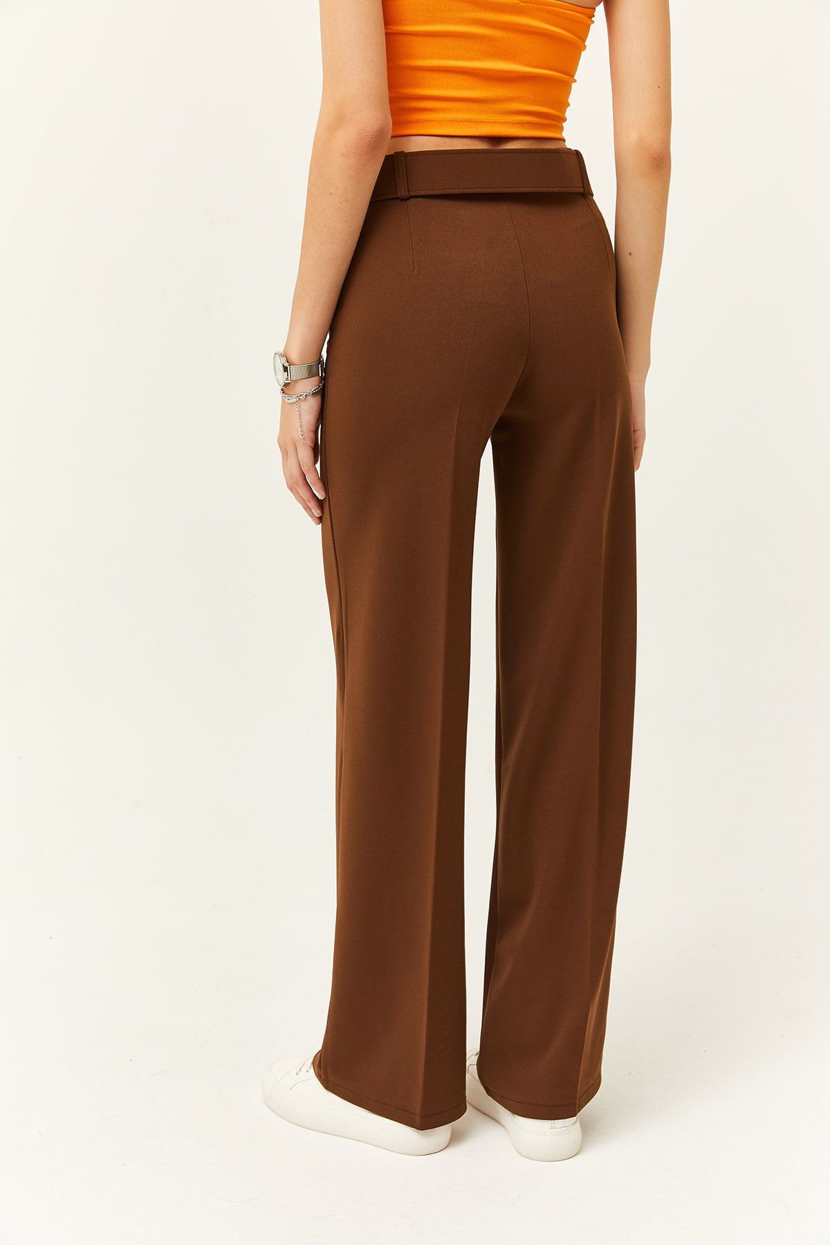 Olalook-Women's Brown Metal Buckle Belt Scuba Crepe Palazzo Trousers PNT-19000208 2