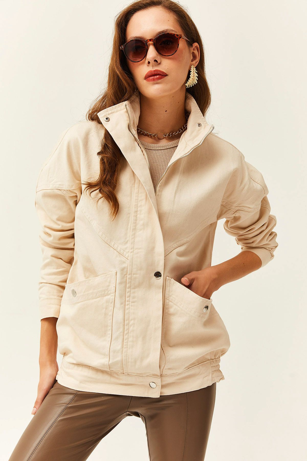 Olalook-Lange Damen-Jeansjacke mit Steintaschen und Reißverschluss CKT-19000258 4
