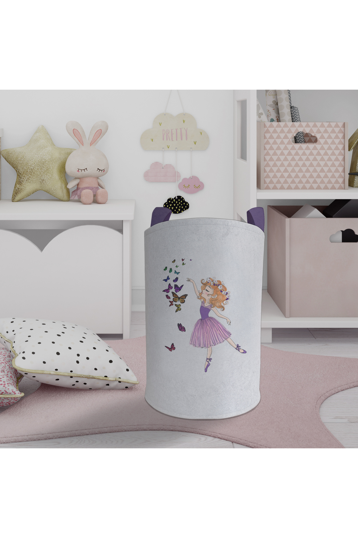 MEKTA HOME BEBEK VE ÇOCUK ODASI Kelebekli Prenses Kız Desenli Oyuncak Sepeti