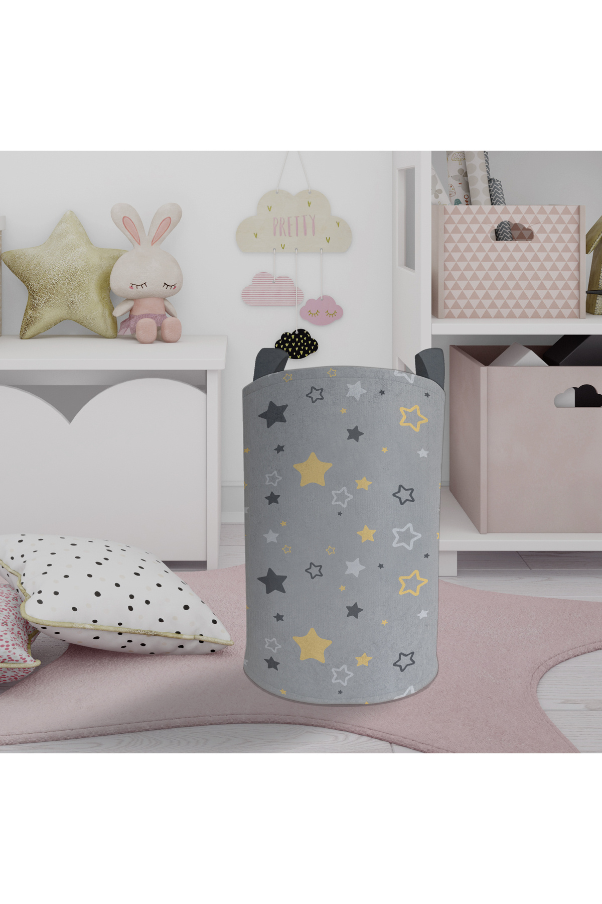 MEKTA HOME BEBEK VE ÇOCUK ODASI Gri Sarı Yıldız Desenli Oyuncak Sepeti