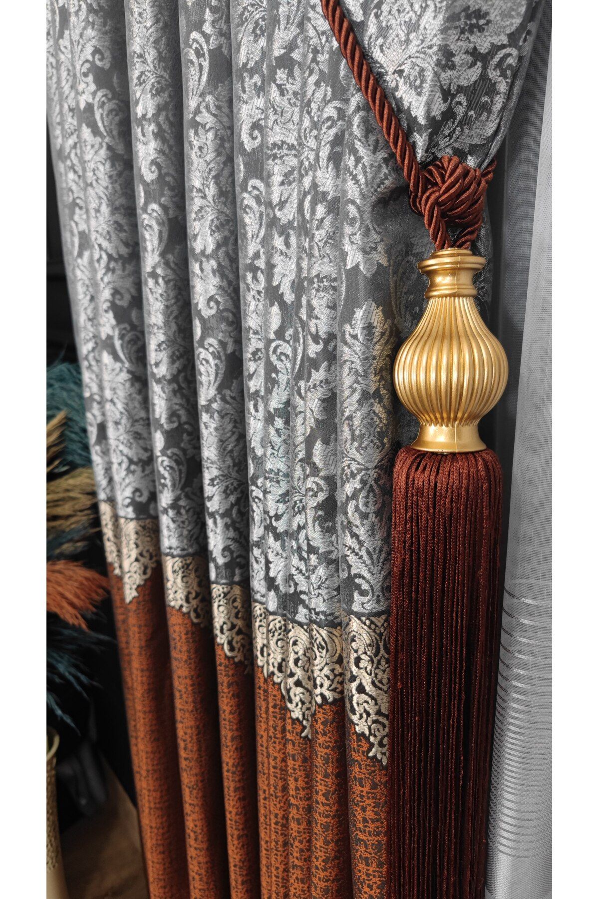 Yuka-Panel Background Curtain Tile Gray and Gold Striped Patterned Single Sash Closely Pleated Jacquard Semi-Glossy 6