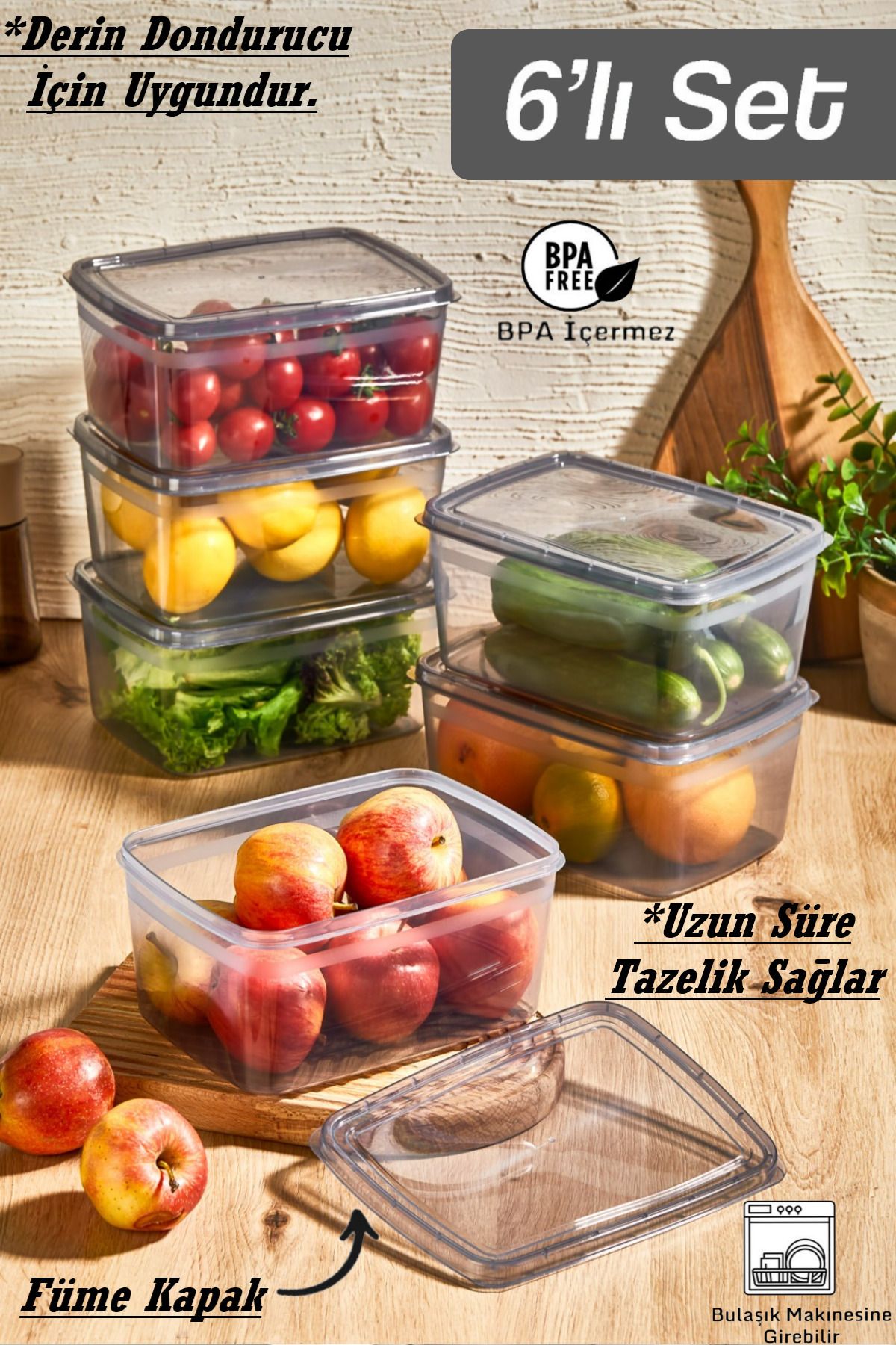 Bayev-6 Pieces Huge Smoked 2 LT Food Storage Container - Lid Pulses Box - Suitable for Deep Freezer 2