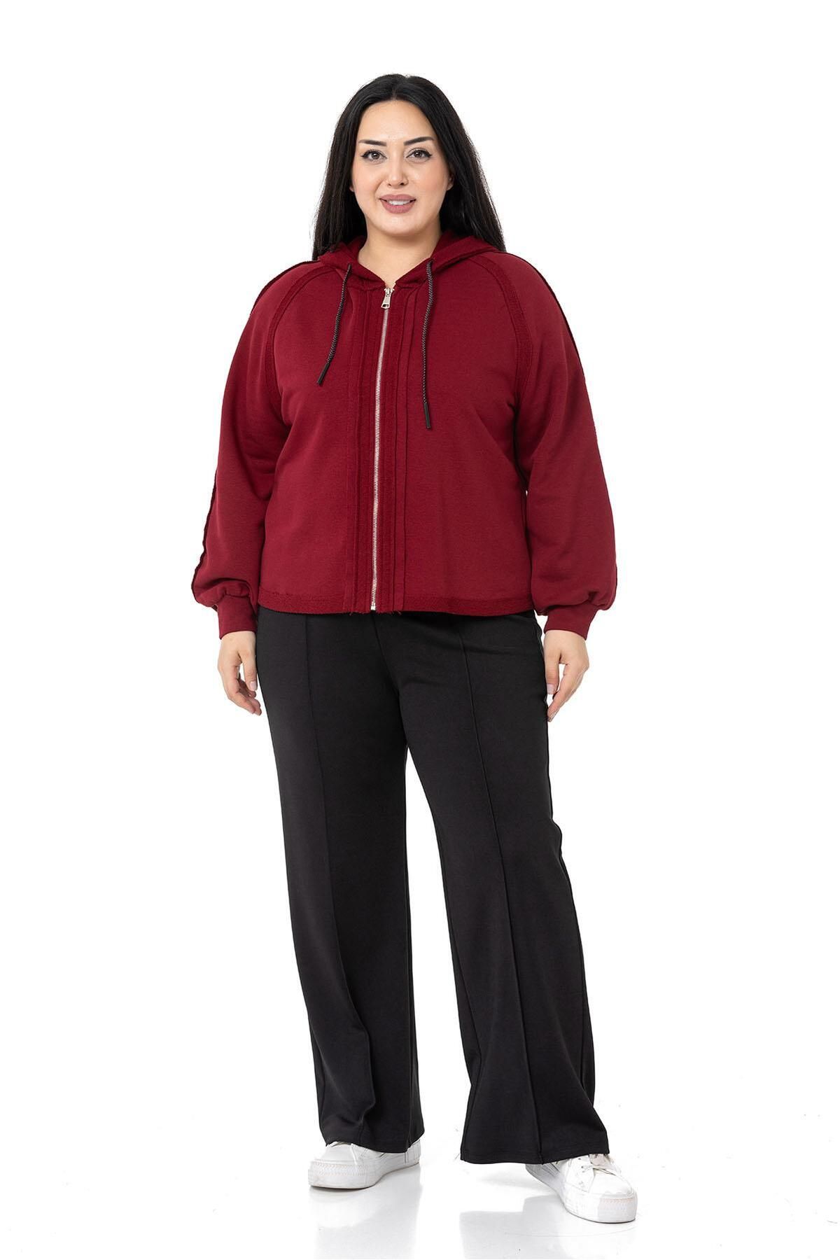DISENTIS MODEST-Large Size Hooded Zippered Three Thread Claret Red Sweatshirt 2