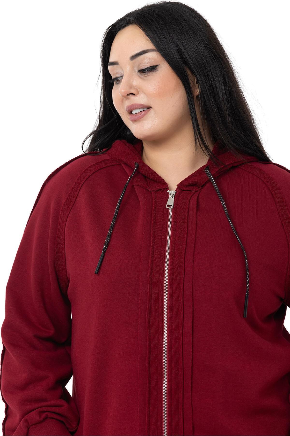 DISENTIS MODEST-Large Size Hooded Zippered Three Thread Claret Red Sweatshirt 4