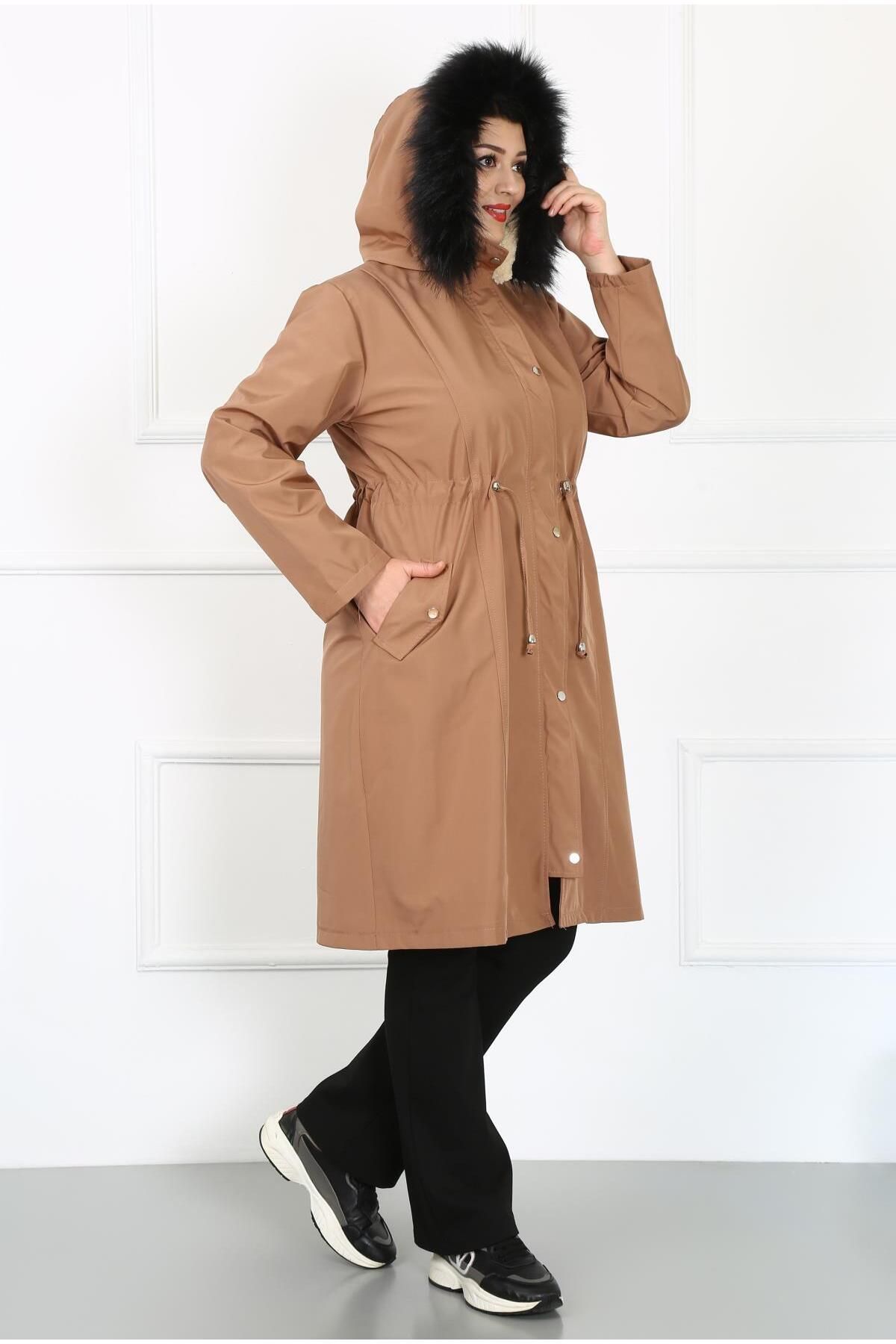 By Alba Collection-Women's Light Brown Long Bondite Fabric Inside Curly Large Size Coat 4