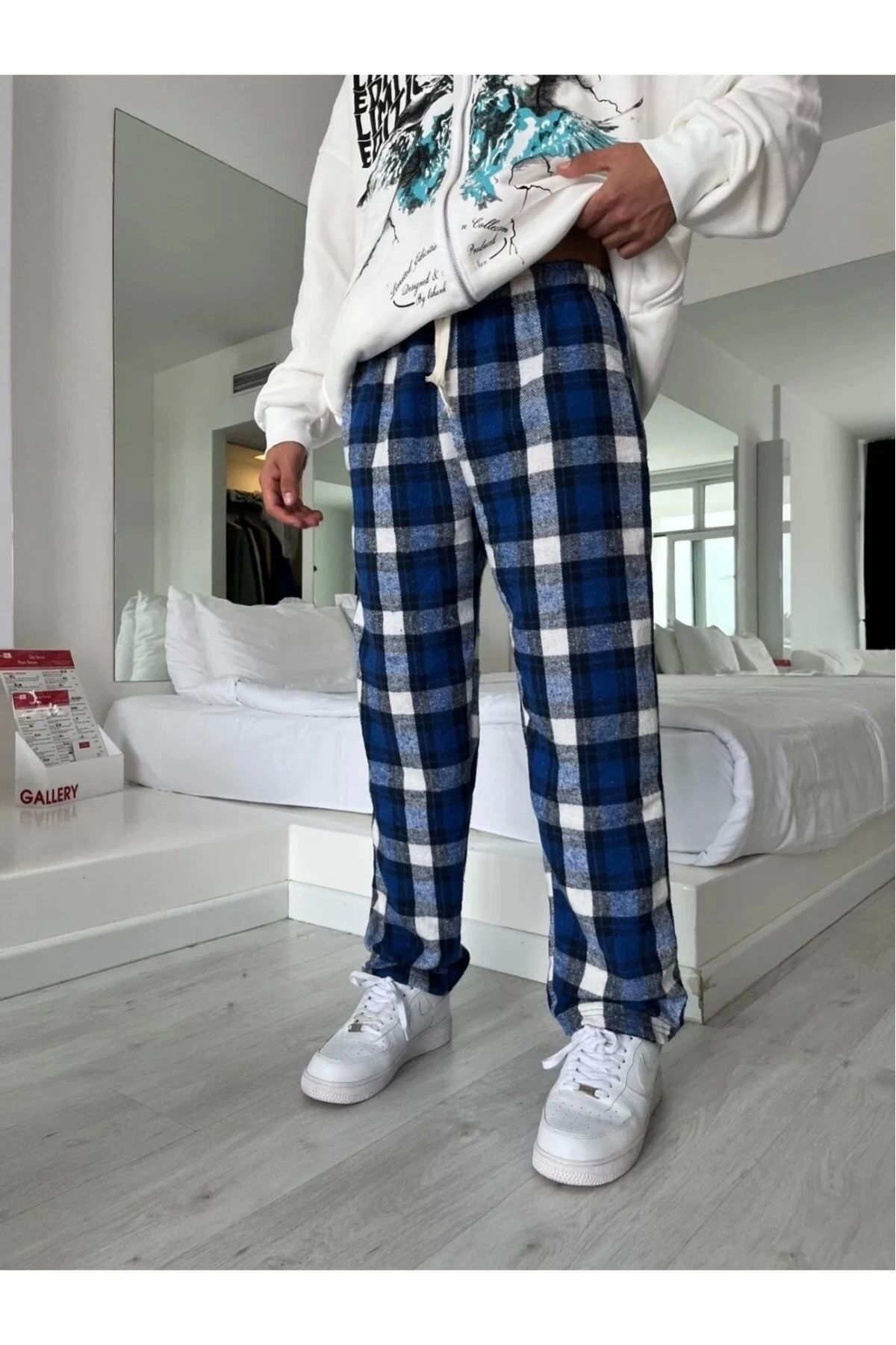 Violon Navy Blue White Checkered Comfortable Unisex Loose Fit Plaid Patterned Sweatpants Trendyol