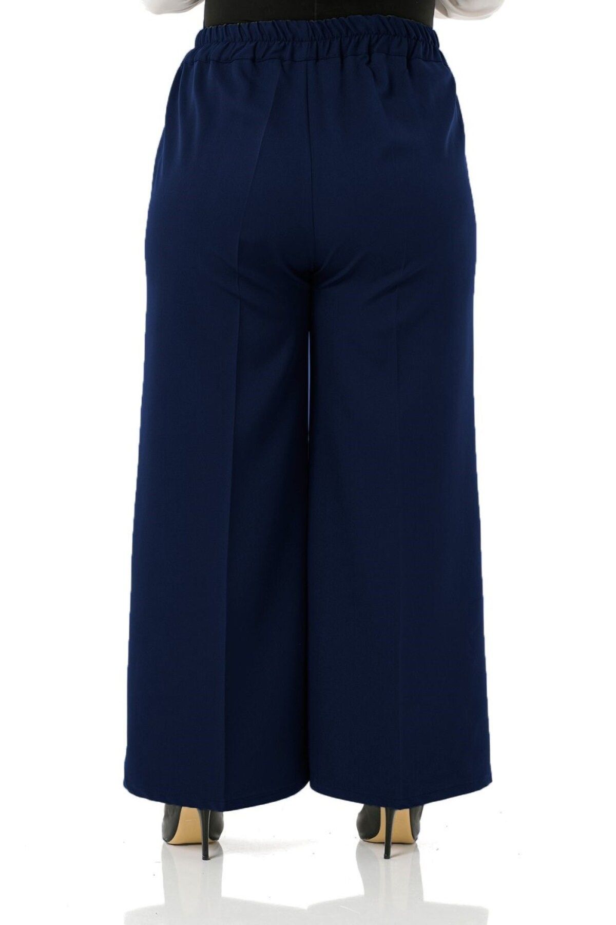 Aşkı Endam-Plus Size Mayra Side Pocket Dumbbell Crepe Wide Leg Trousers - Navy Blue 4