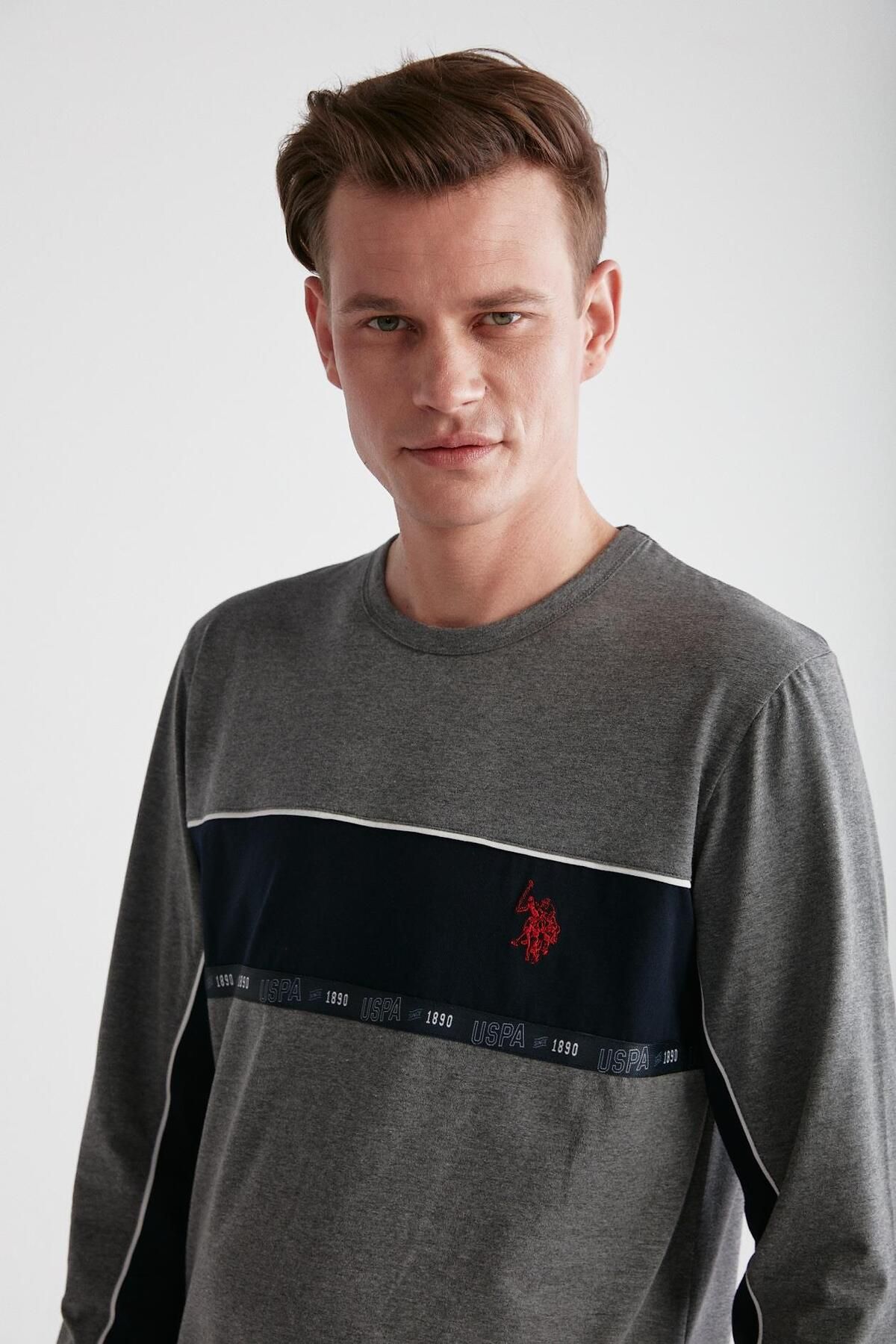 ست پیژامه خاکستری مردانه لباس خواب یقه گرد آنتراسیت ملانژ U.S. Polo Assn.