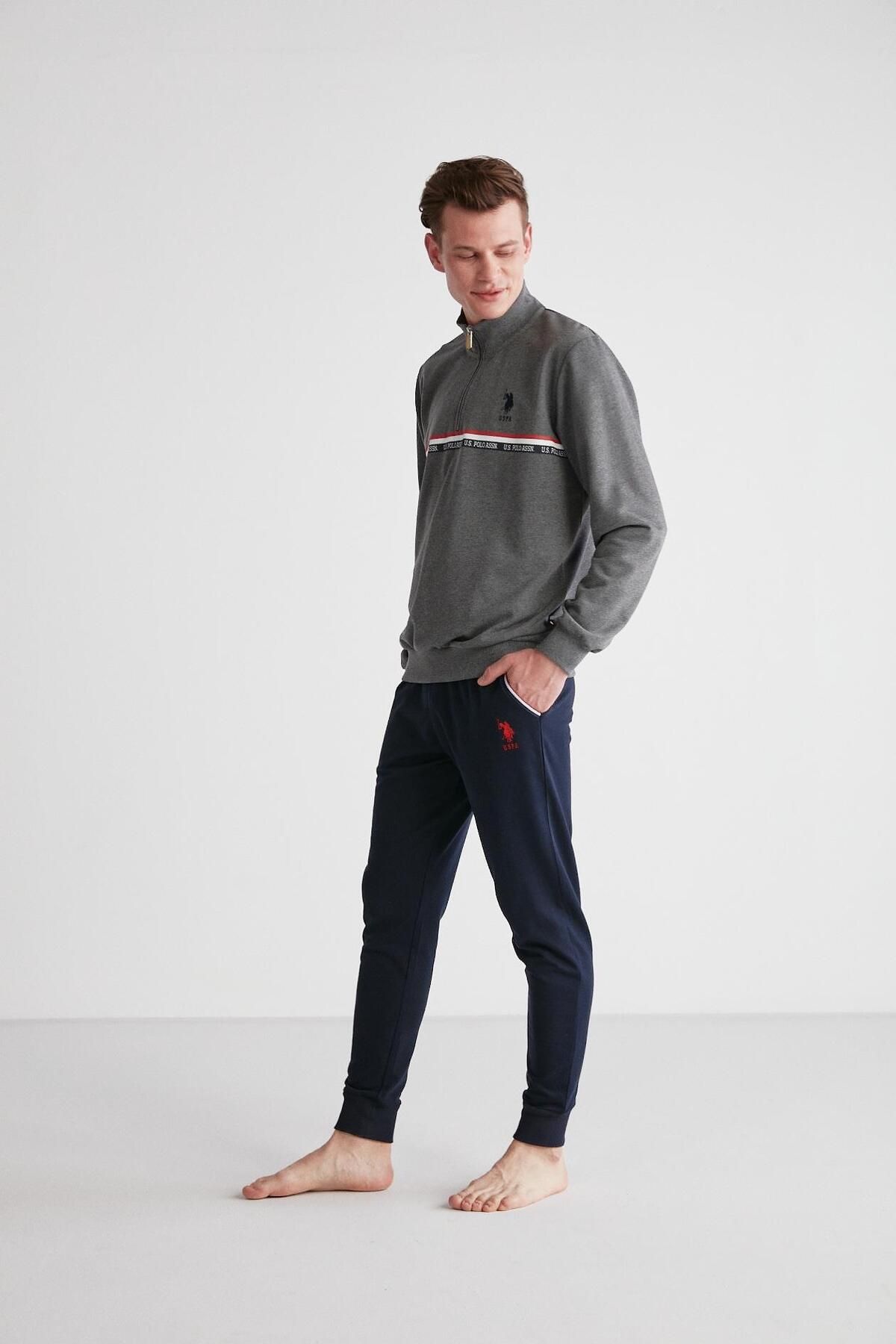 ست پیژامه خاکستری مردانه لباس خواب یقه گرد آنتراسیت ملانژ U.S. Polo Assn.