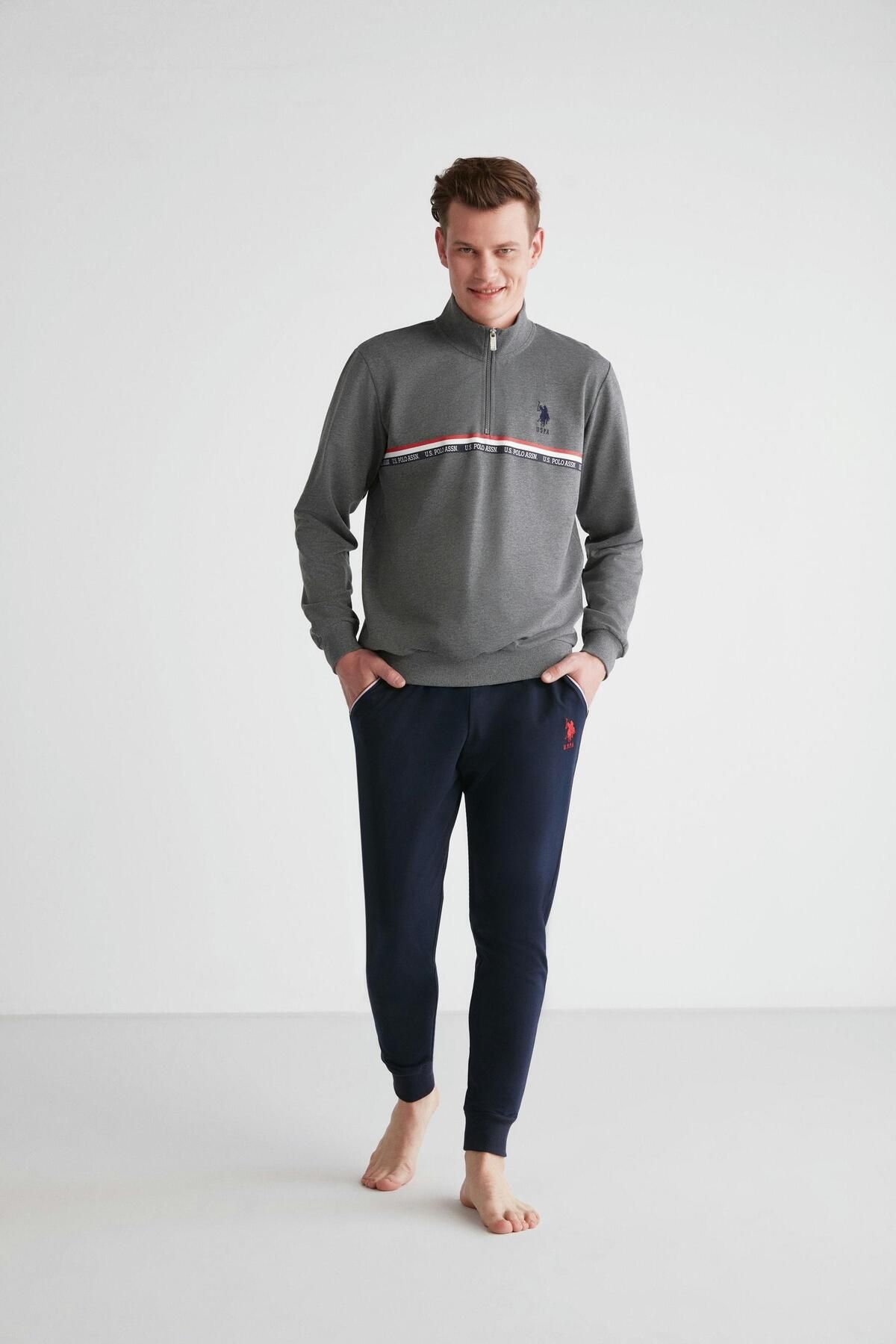 ست پیژامه خاکستری مردانه لباس خواب یقه گرد آنتراسیت ملانژ U.S. Polo Assn.