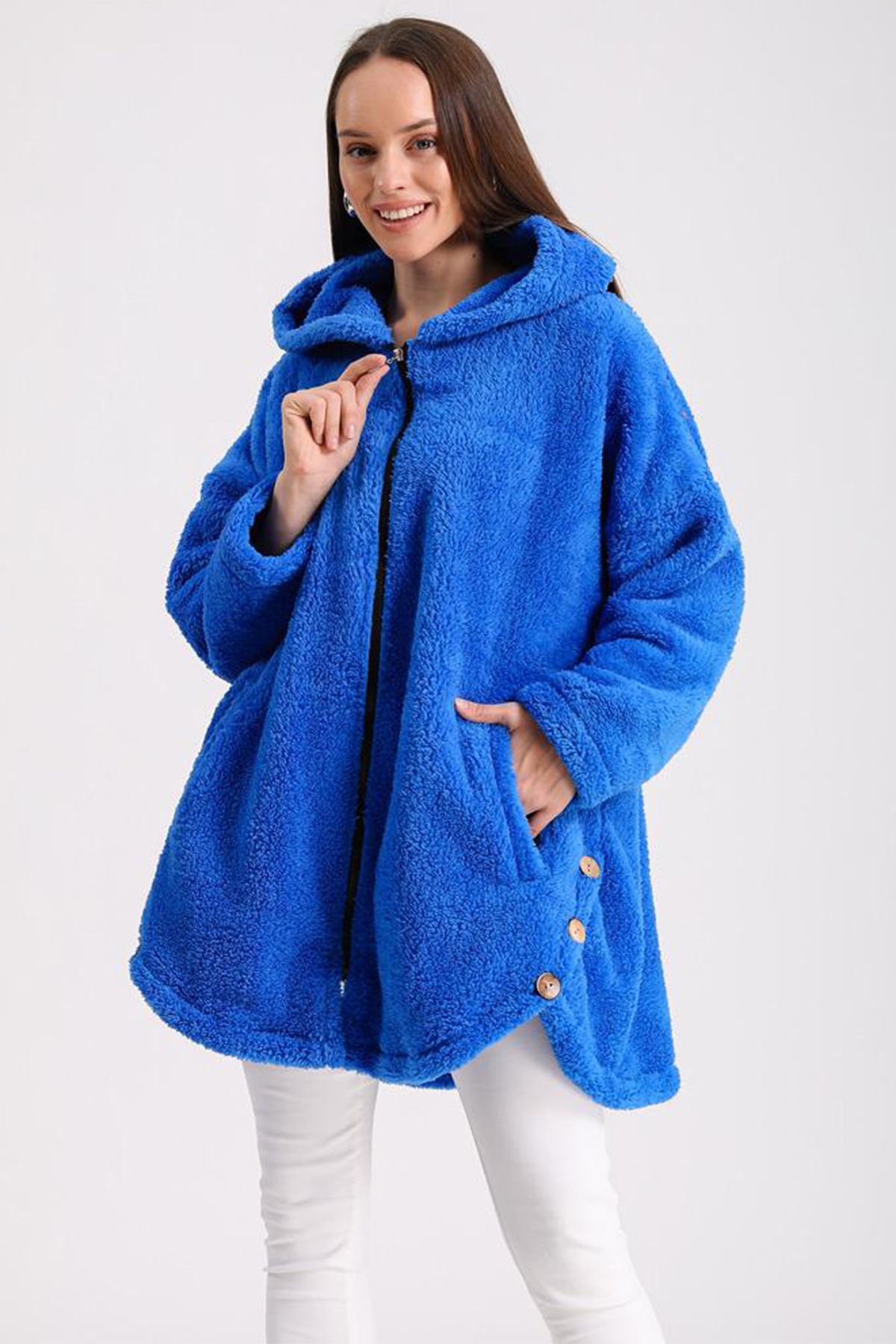 AYASOFYA OTANTIK Women s Blue Hooded Button Detailed Plush Coat
