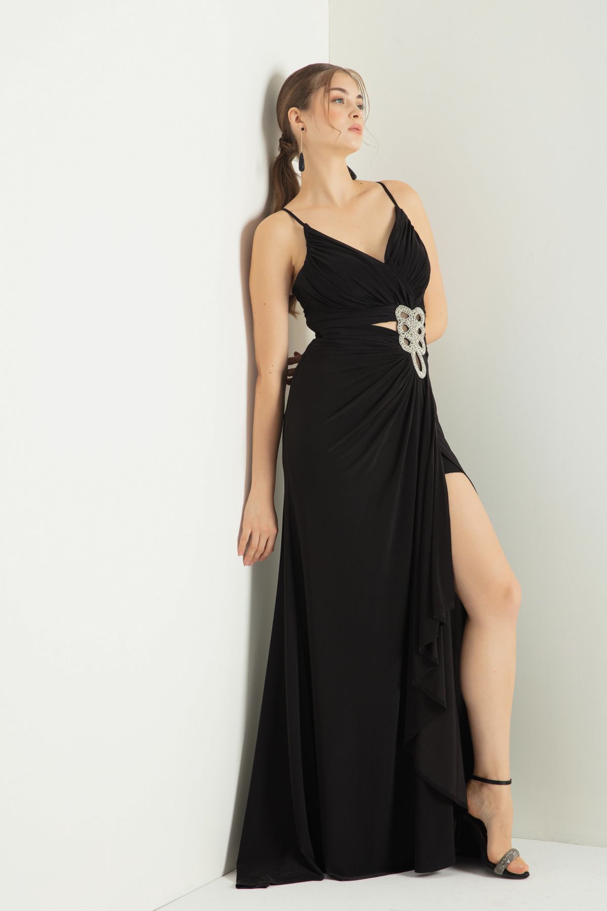 Lafaba Women s Black Strappy Chest Draped Long Evening Dress with