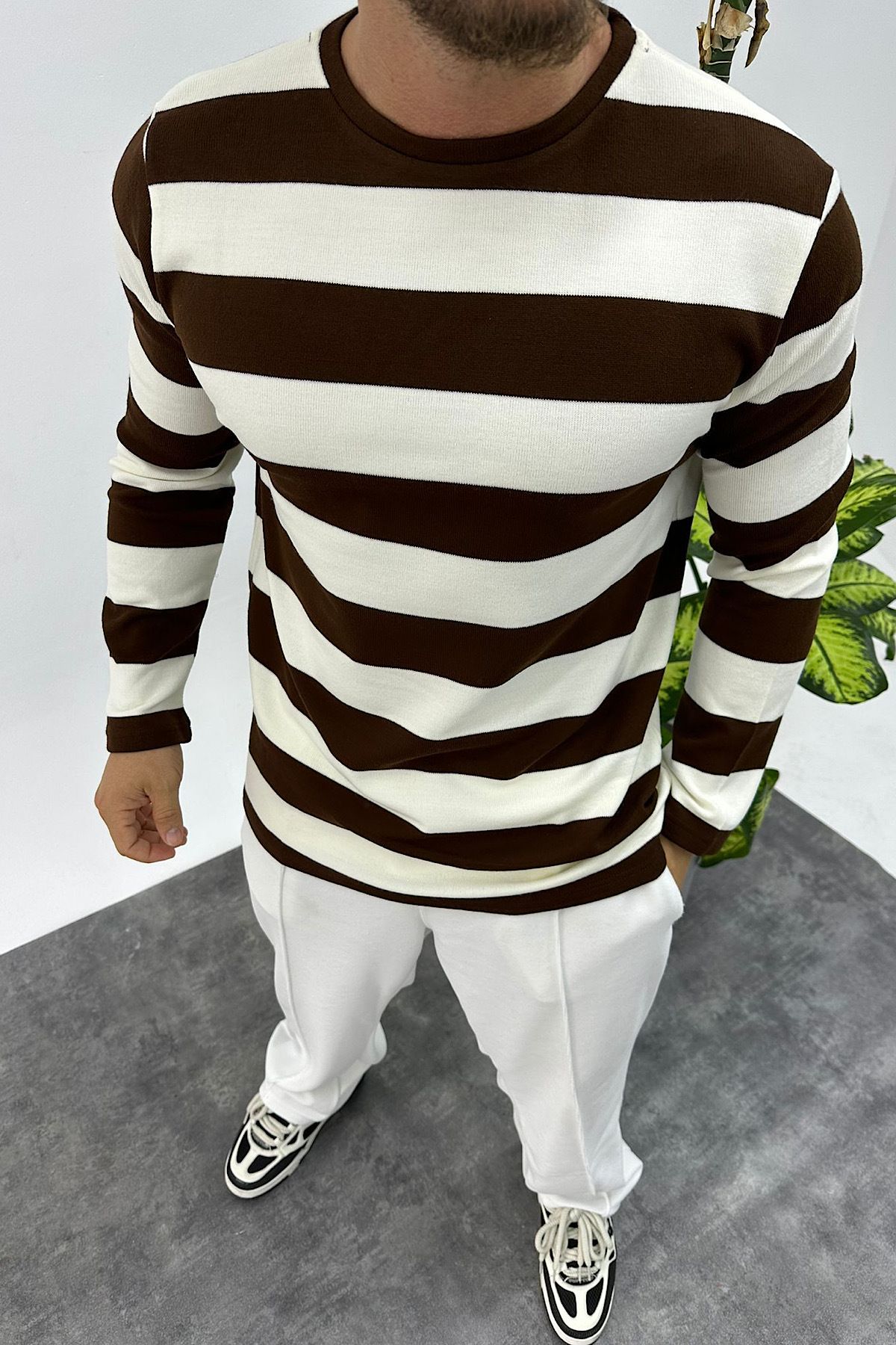 NO61 MAN Brown Color Striped Sweatshirt Trendyol