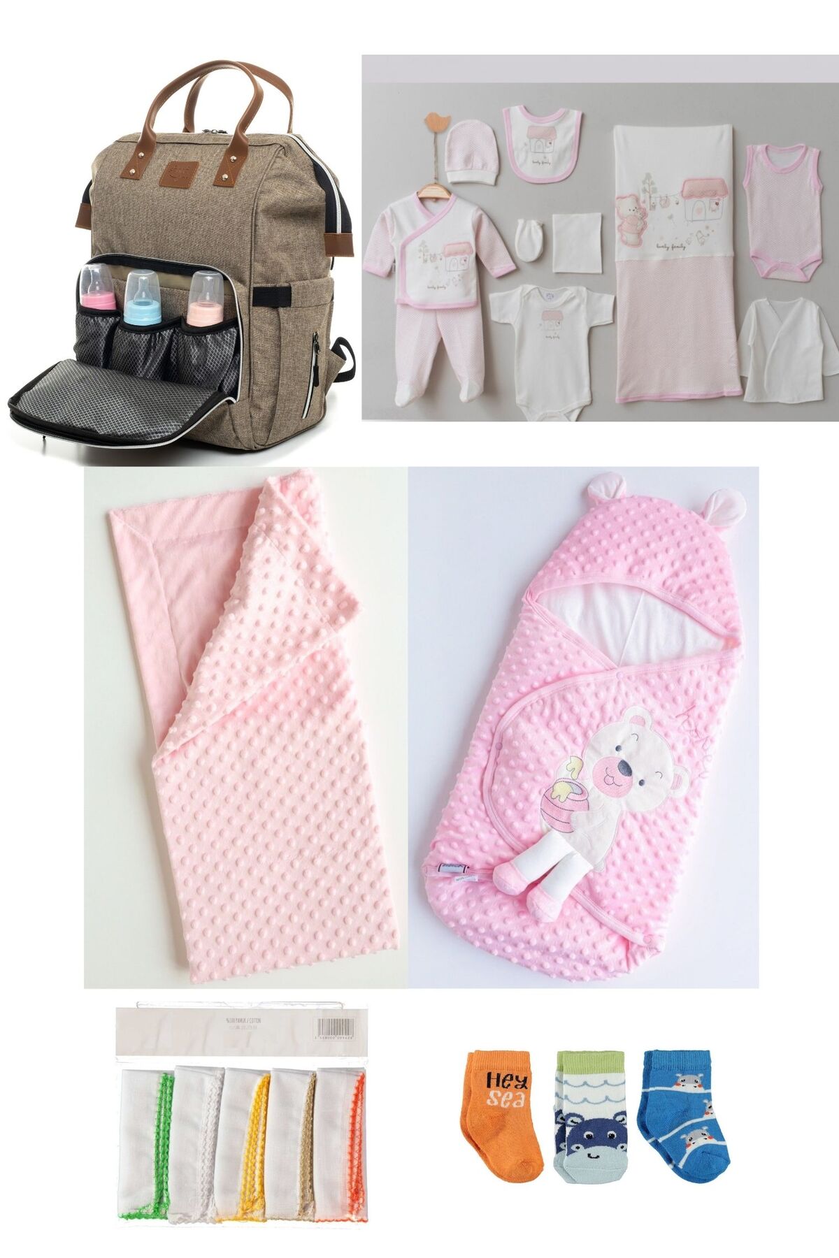 6-PIECE CUTE BEARS BIRTH SET(10-PIECE HOSPITAL EXIT,BABY BAG,SWADDLE,BLANKET,HANDKERCHIEF AND SOCKS SET)