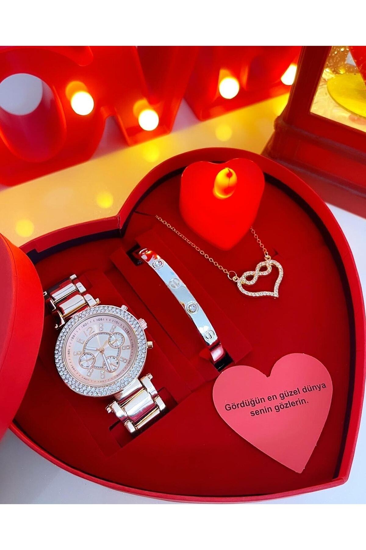 Has Rose Dokunmatik Saat Kalp Mumlu Hediye Kalp Saat Set Kutu