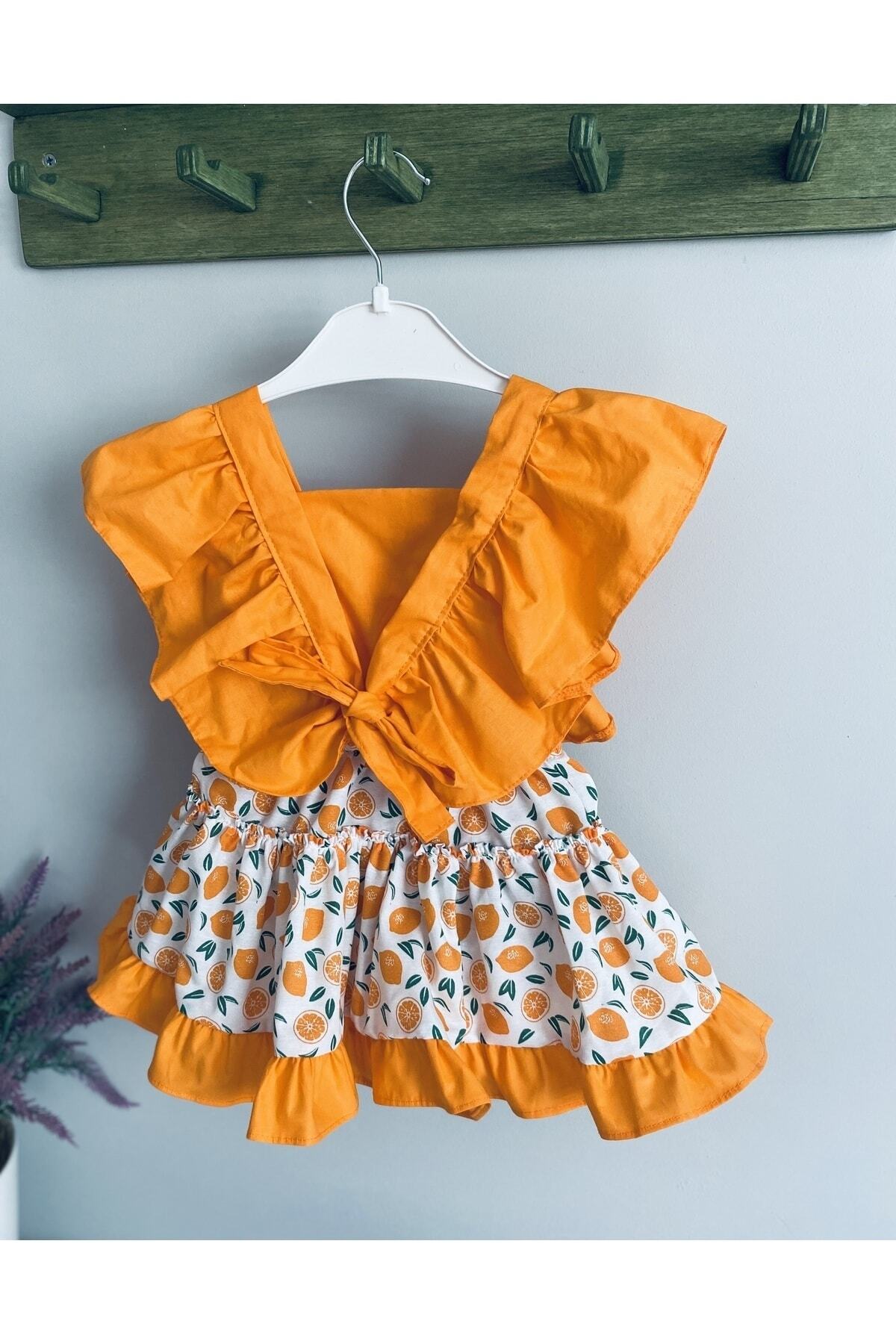 Mini Kids Baby Kız Bebek Turuncu Portakal Desenli Fırfırlı Salopet Elbise Bandana Set fotoğrafı 3 (önizleme)