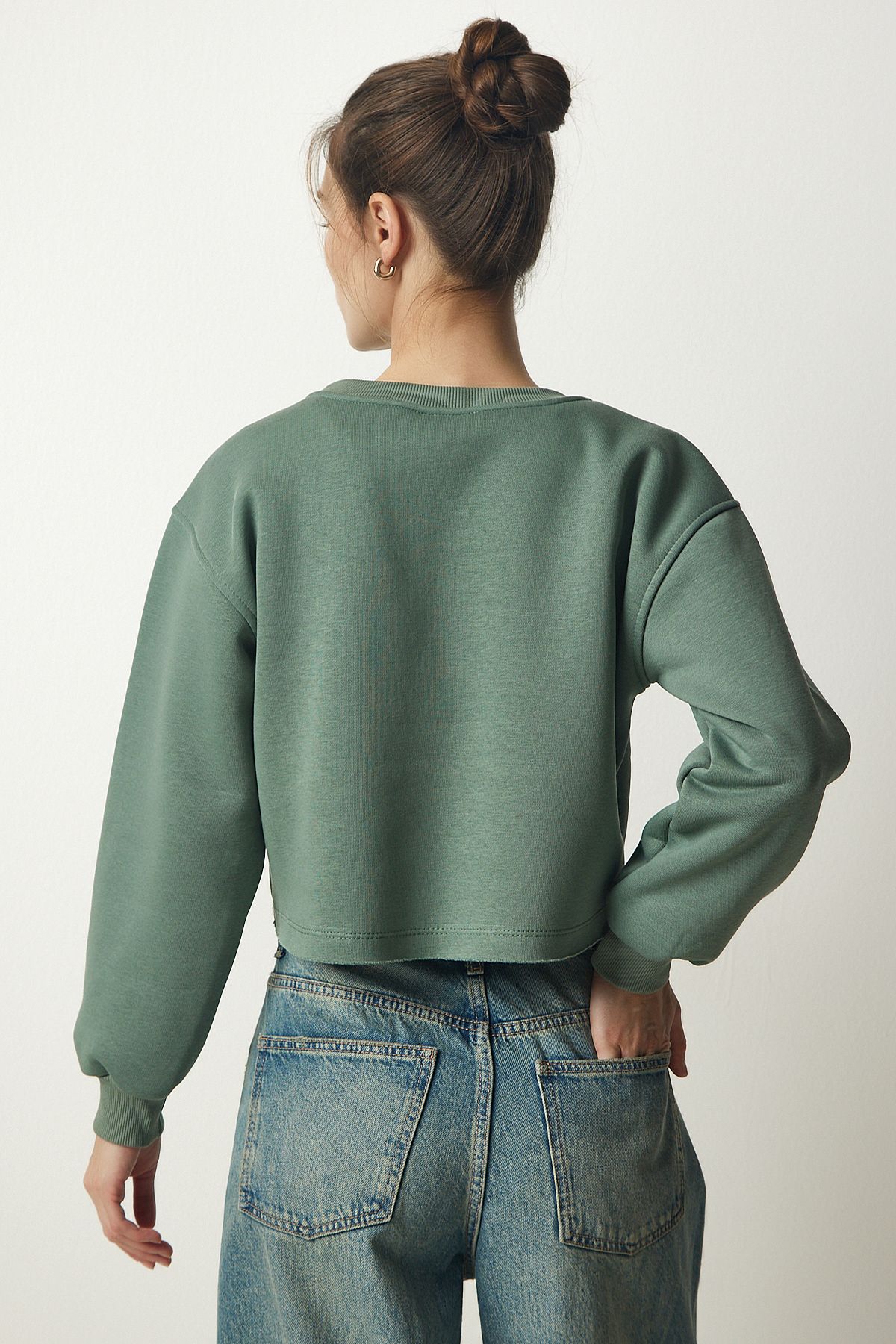 Happiness İstanbul-Dámska zelená pletená mikina Crew Neck Raised Crop BF00085 4