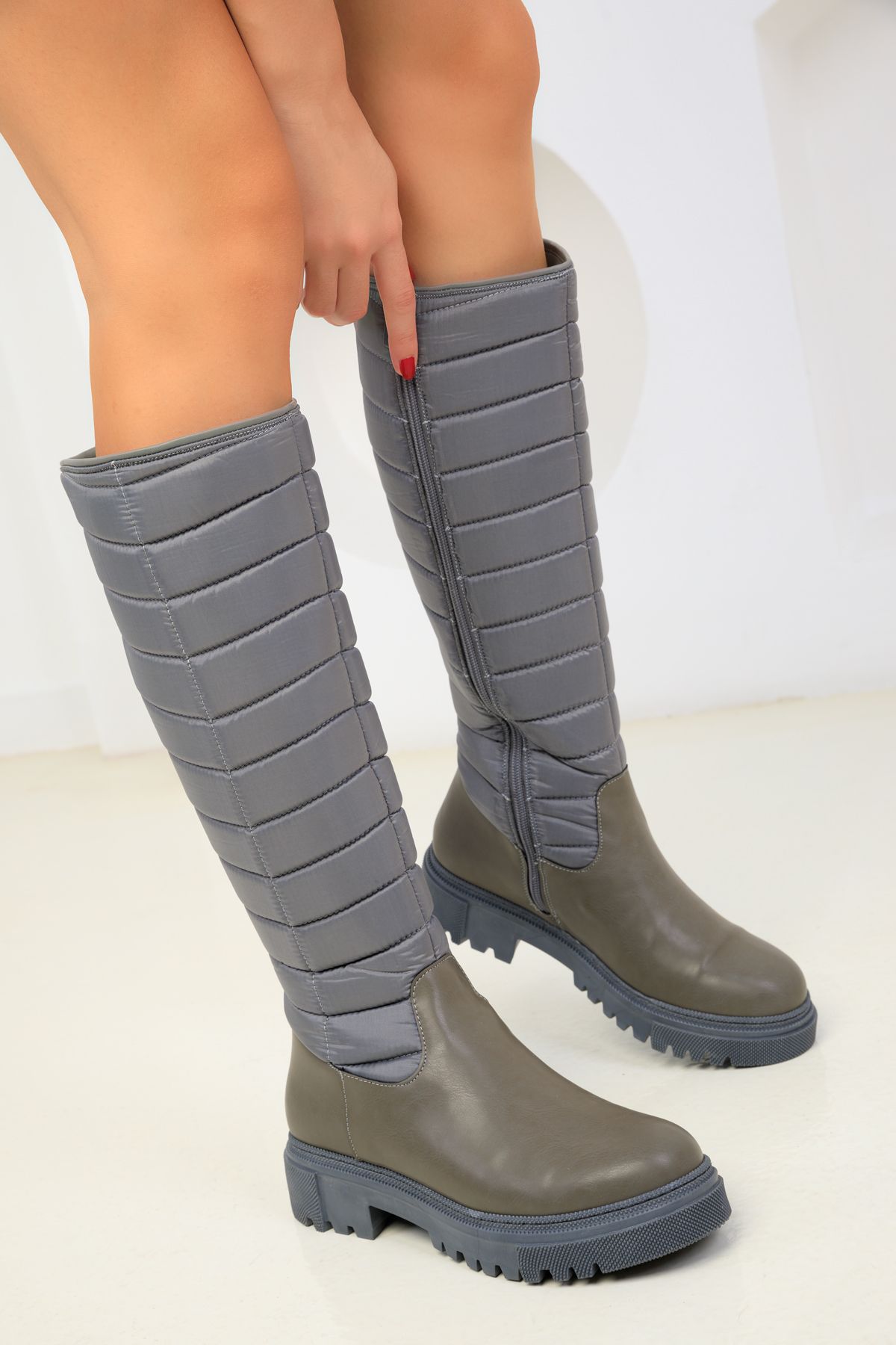 Grey flat knee high boots hotsell